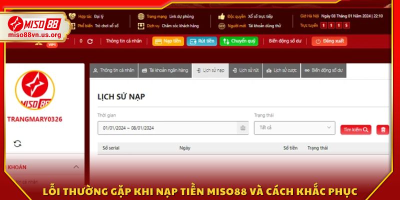 Các lỗi thường xảy ra khi nạp tiền vào Miso 88 